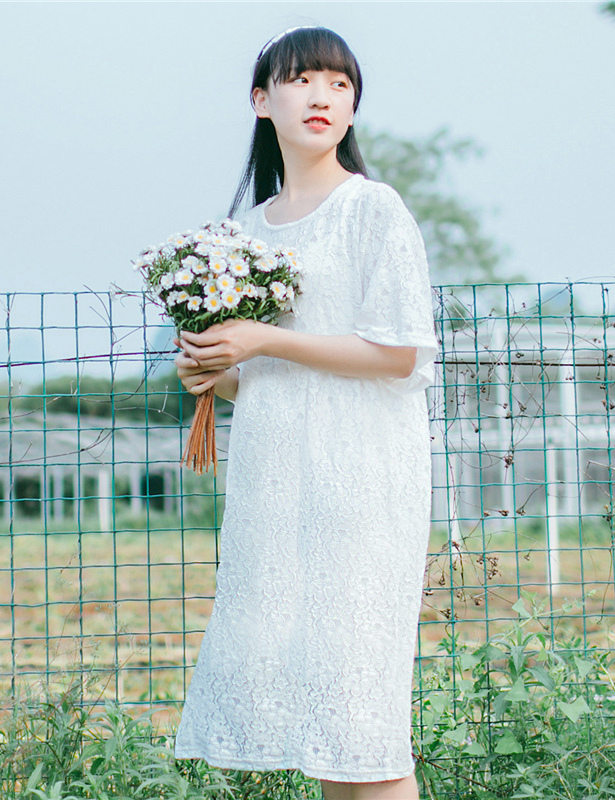 小雨良品 小清新仙女裙白色蕾丝连衣裙中长款宽松学院风两件套|1c1fc1