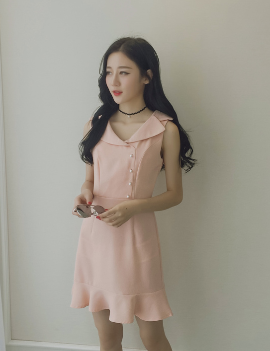 包邮 夏季女 简约修身荷叶边短裙显瘦鱼尾裙纯色无袖连衣裙 O31|1c189h