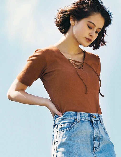 vivi 6月7 sweet休闲ungrid领口系带打结短袖纯色修身V领T恤女|1c188i