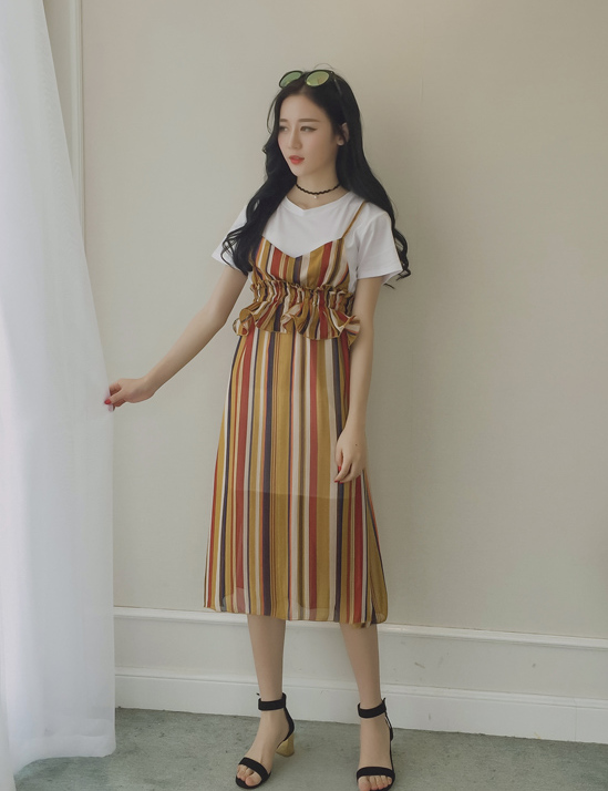 包邮 夏季女 甜美修身T恤拼接吊带撞色条纹荷叶边假两件连衣裙G76|1c18aa