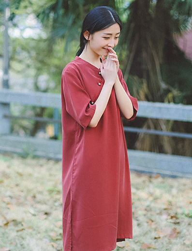 中式文艺复古斜襟盘扣五分中袖铜氨丝连衣裙女宽松改良汉服旗袍夏|1c1egm