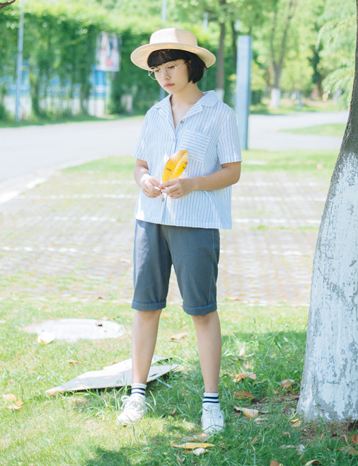 夏日 文艺小清新 翻领竖条纹口袋衬衫|1c18l8