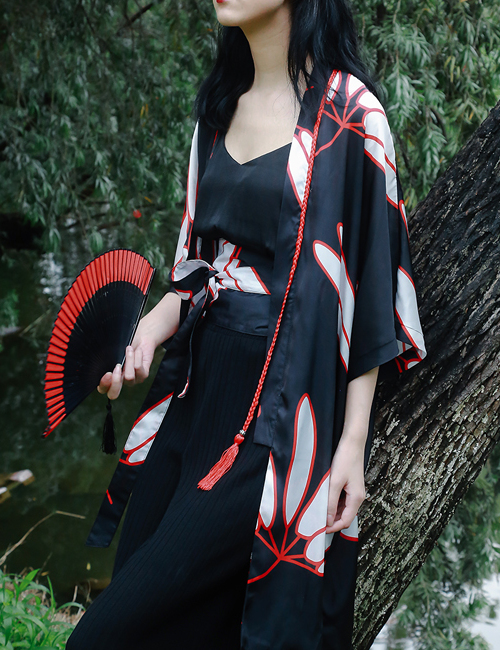 芍药居 和风彼岸花 印花长款宽松日系雪纺复古防晒衣女夏和服外套|1c1f37