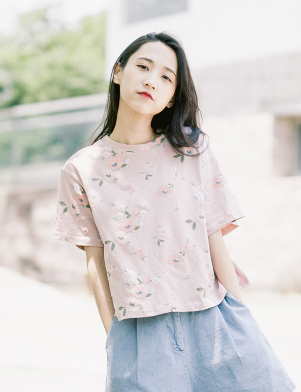 遇见 短款宽松印花t恤女夏装新款 圆领纯棉短袖T恤上衣文艺清新|1c1hh9
