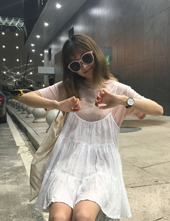 韩国小清新宽松显瘦吊带娃娃裙 学院风夏季百搭荷叶边连衣裙女|1c186h