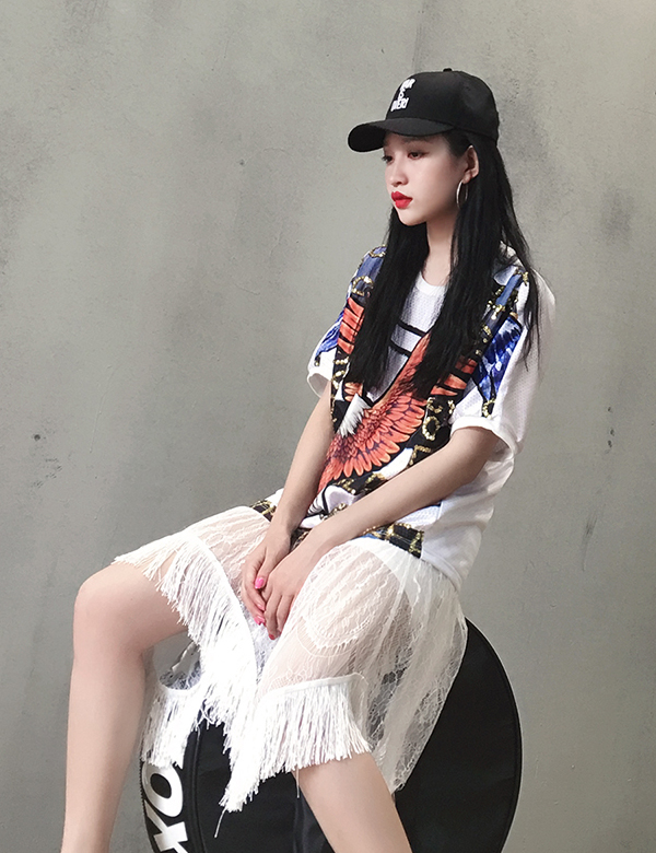 NANA港味个性印花圆领套头上衣拼接蕾丝假两件中长款宽松连衣裙子|1c1fia