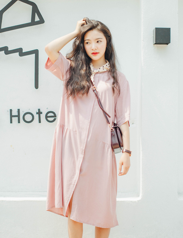 C小小铜氨丝自制宽松隐藏式扣子显瘦舒适夏季韩国连衣裙女|1c1f52