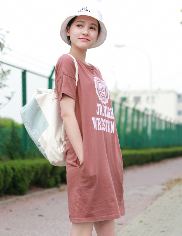 花吉Q752复古文艺印花连衣裙 小宽松休闲中长裙 圆领短袖裙子0523|1c1838