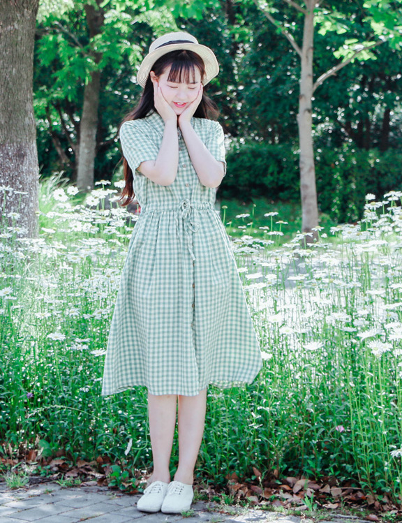 森春慢小清新森女日系文艺复古学院风纯棉麻浅绿色格子短袖连衣裙|1c180n