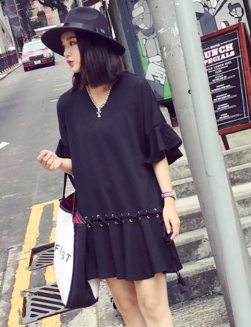 韩国代购TKSTYLE定制 2016s/s 荷叶下摆手工气眼流苏设计连衣裙女|1c1a2g