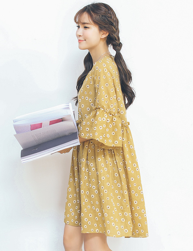 2016夏季新款学院风清新甜美荷叶边宽松碎花棉麻连衣裙娃娃衫女|1c1bda